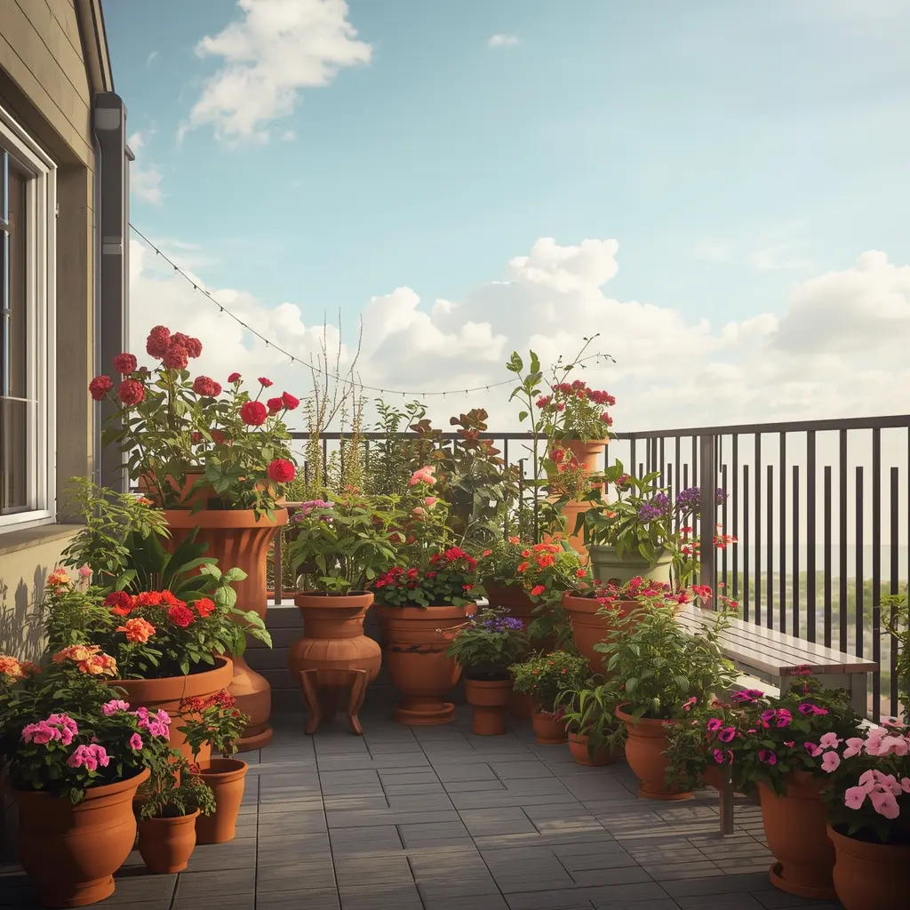 Elegant balcony garden with planters and flowering plants