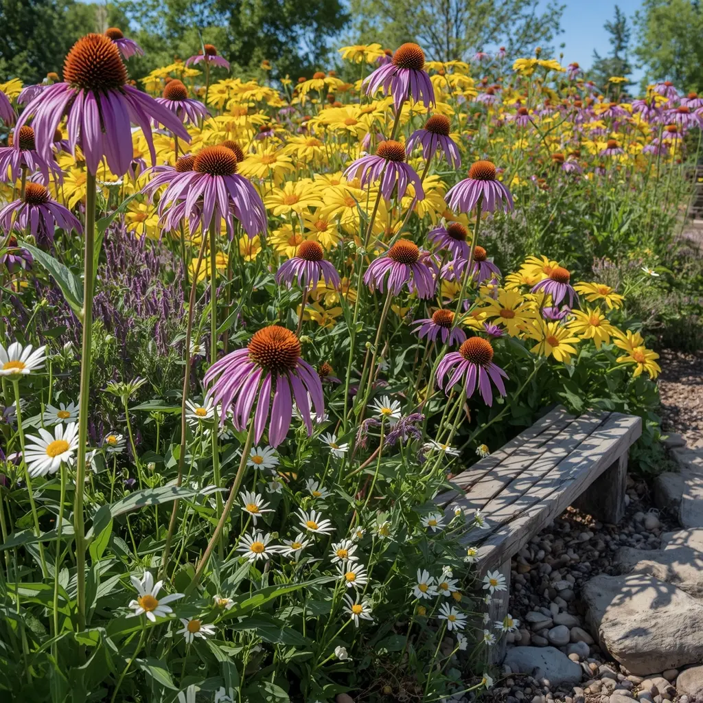 Colorful perennial flower bed with purple coneflowers and yellow daisies