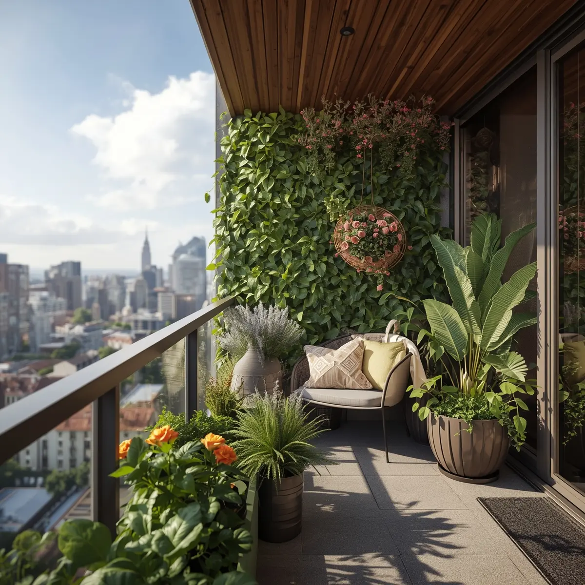 Modern balcony garden with container plants and vertical greenery