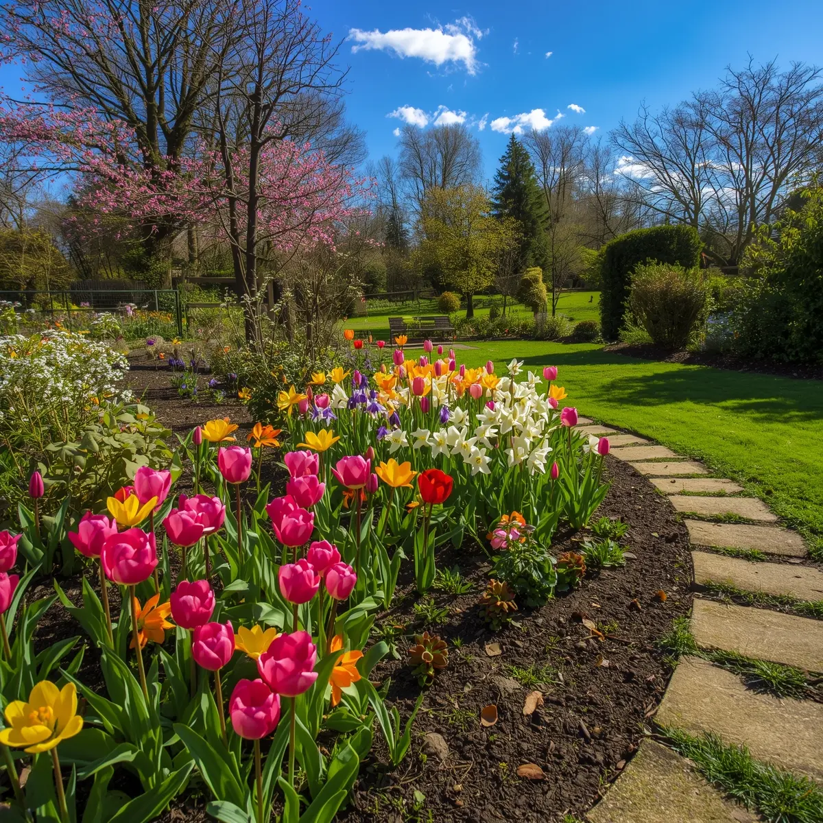 Spring garden bed with tulips and early flowering bulbs